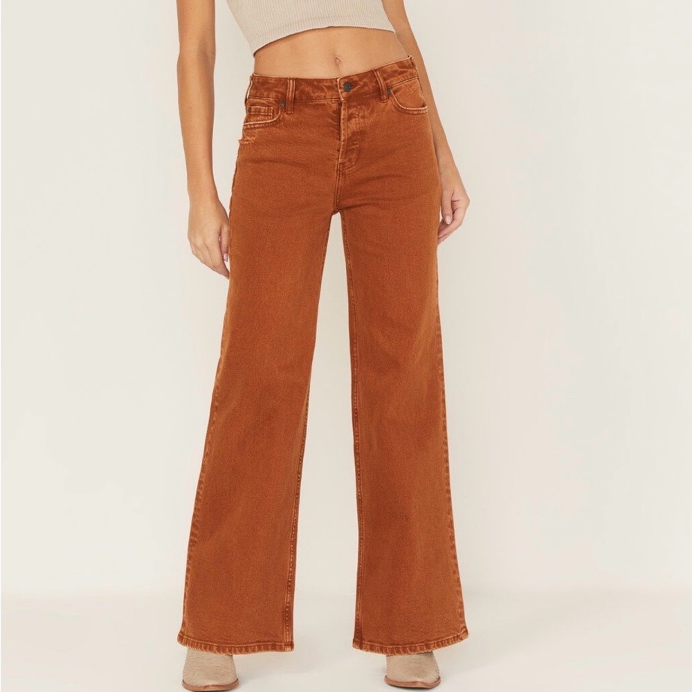 Cleo + Wolf Brown Wide Leg High Rise Loose Distressed Stretch Jeans 27 / 32